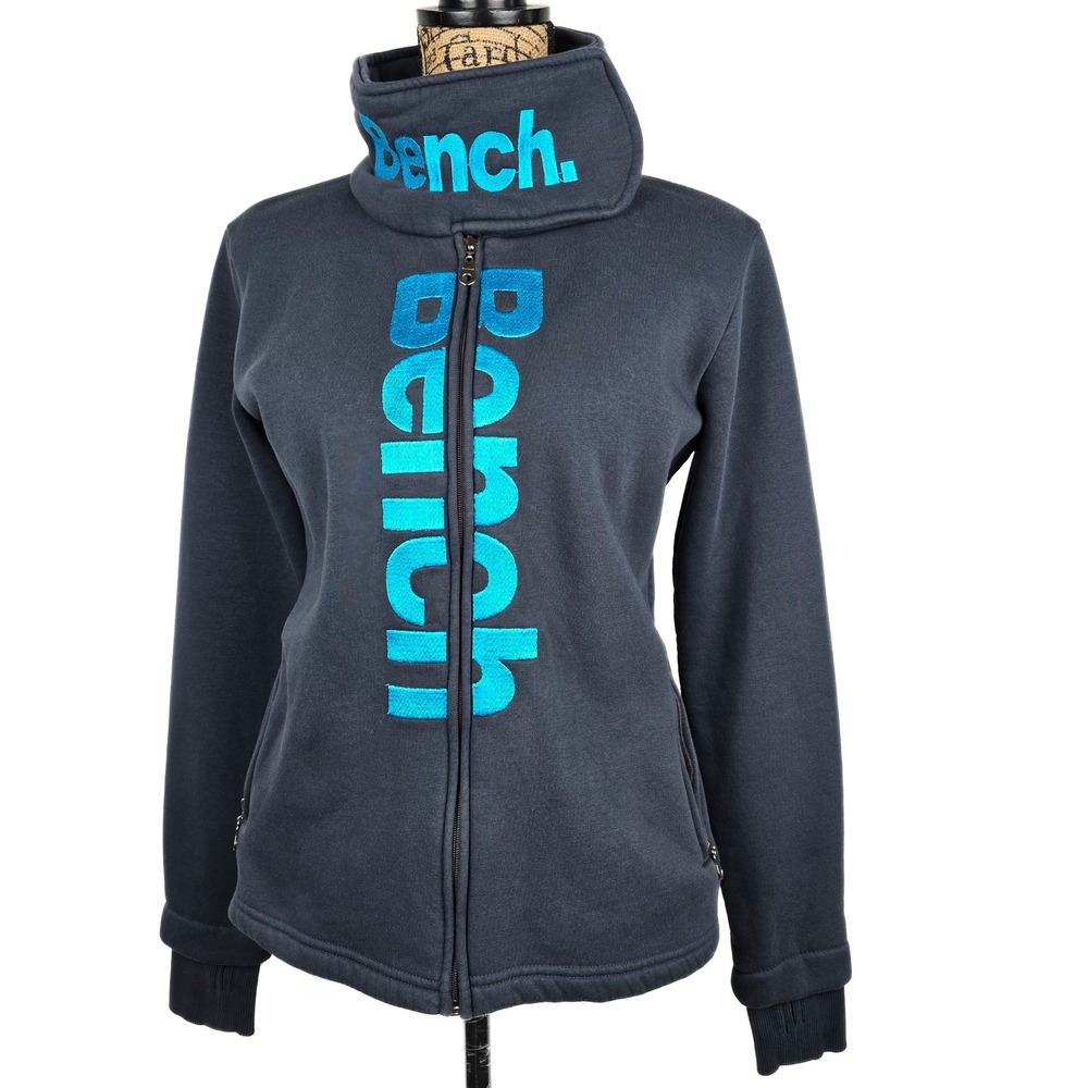 Bench Full Zip Grey Funnel Neck Teal Logo‎ Thumbhole Sweatshirt Womens M